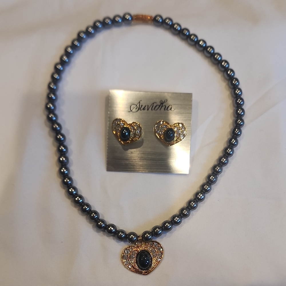 Blue and Gold Heart Pearl Jewelry Set
